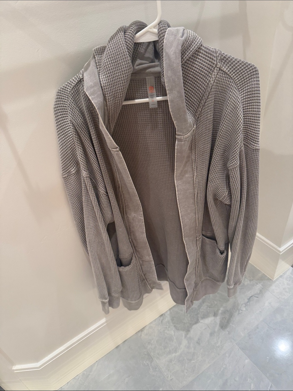 Mono B Waffle Knit Hooded Open-Front Jacket - Gray